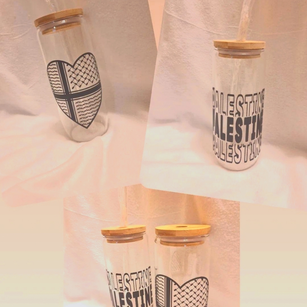 Palestinian glass cup with glass straw. $25 each